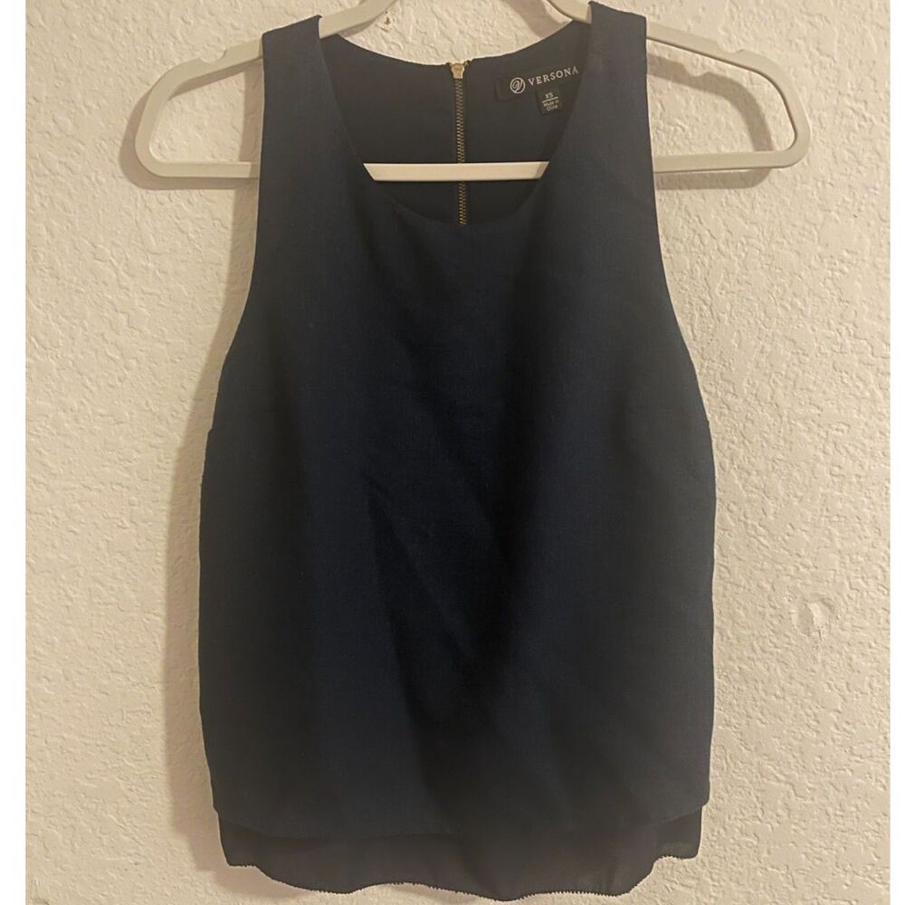 Versona Women's Navy Sleeveless Top XS HighNeck Back Zip Layered Hem Blouse Chic